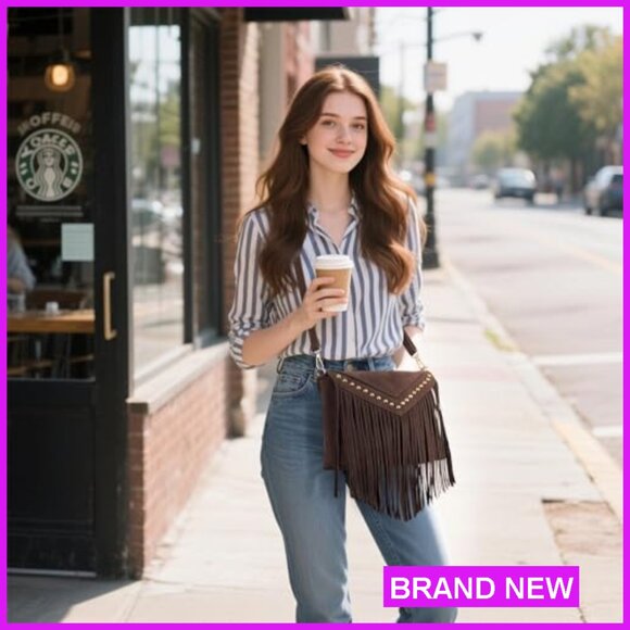 Boho Western Fringe Crossbody Purse Double Velour Suede Hobo Bag Adjustable - Picture 2 of 7